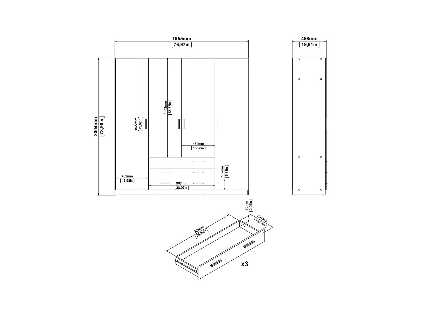 Spell Kleiderschrank B183 cm 4 Türen und 3 Schubladen Hickory-Dekor.