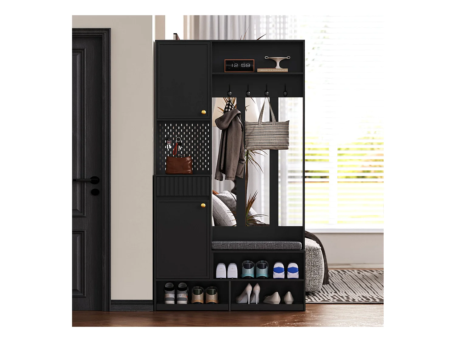 Ensemble d'armoire d'entrée- 100 x 35 x 180 cm - avec banc + 4 crochets + 2 portes + 1 tiroir - MDF - noir