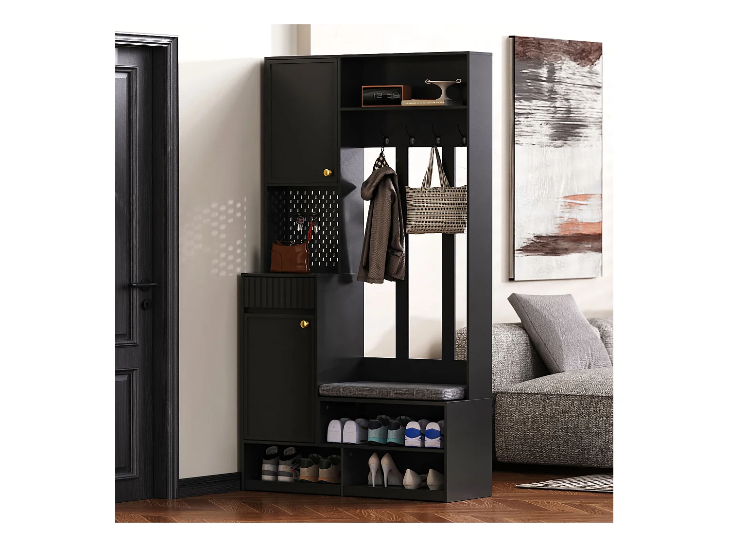 Ensemble d'armoire d'entrée- 100 x 35 x 180 cm - avec banc + 4 crochets + 2 portes + 1 tiroir - MDF - noir