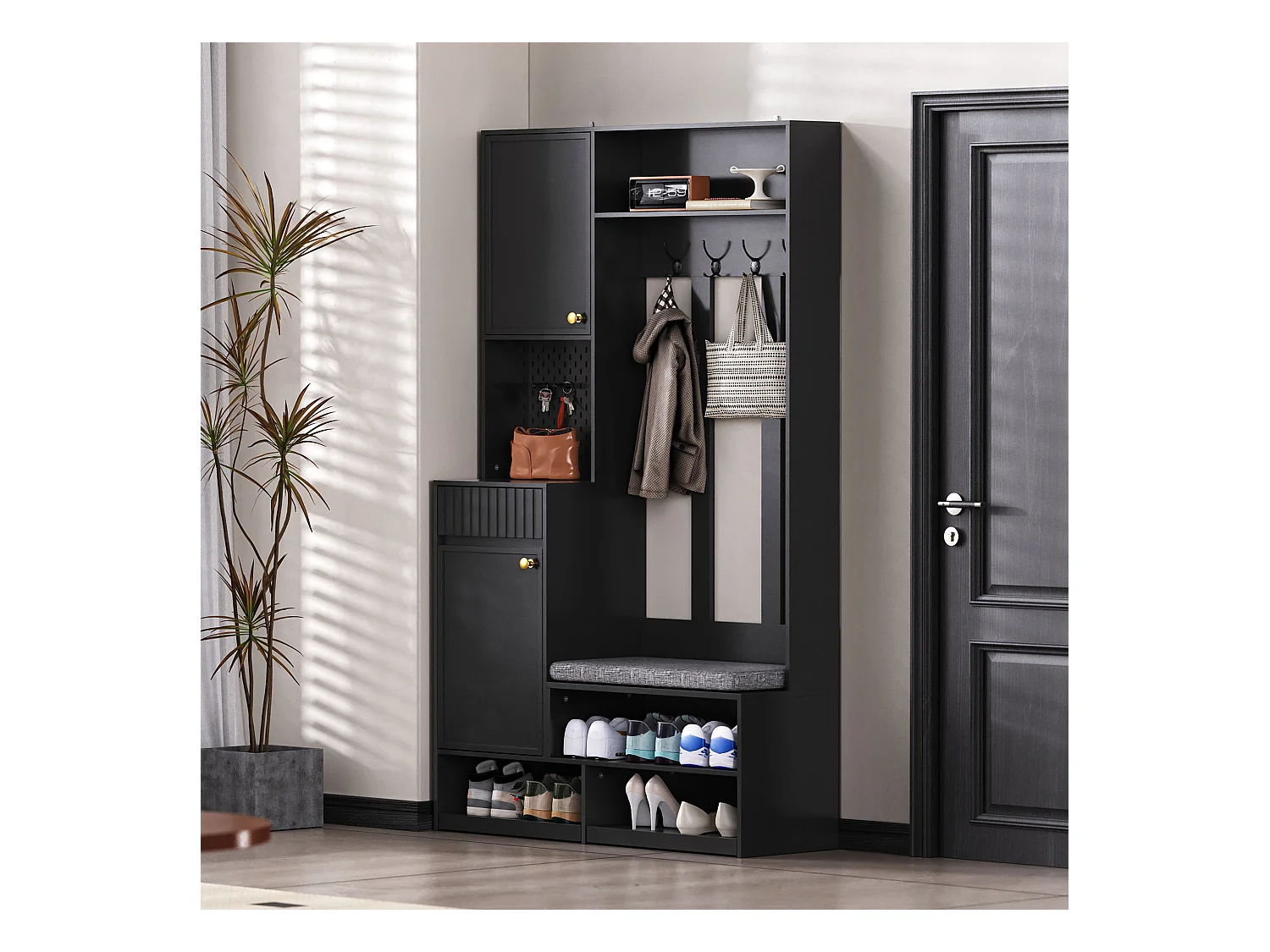 Ensemble d'armoire d'entrée- 100 x 35 x 180 cm - avec banc + 4 crochets + 2 portes + 1 tiroir - MDF - noir