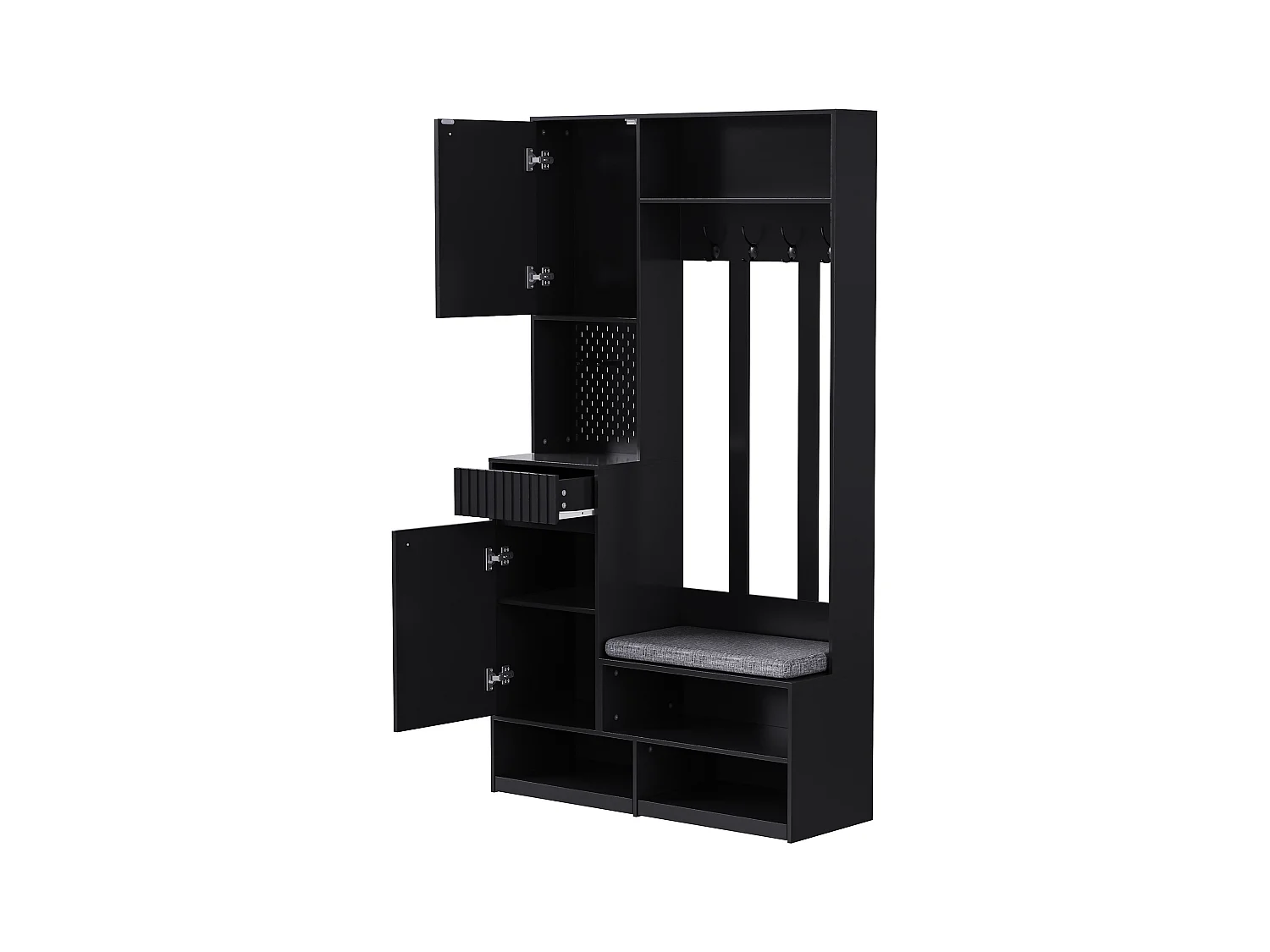 Ensemble d'armoire d'entrée- 100 x 35 x 180 cm - avec banc + 4 crochets + 2 portes + 1 tiroir - MDF - noir