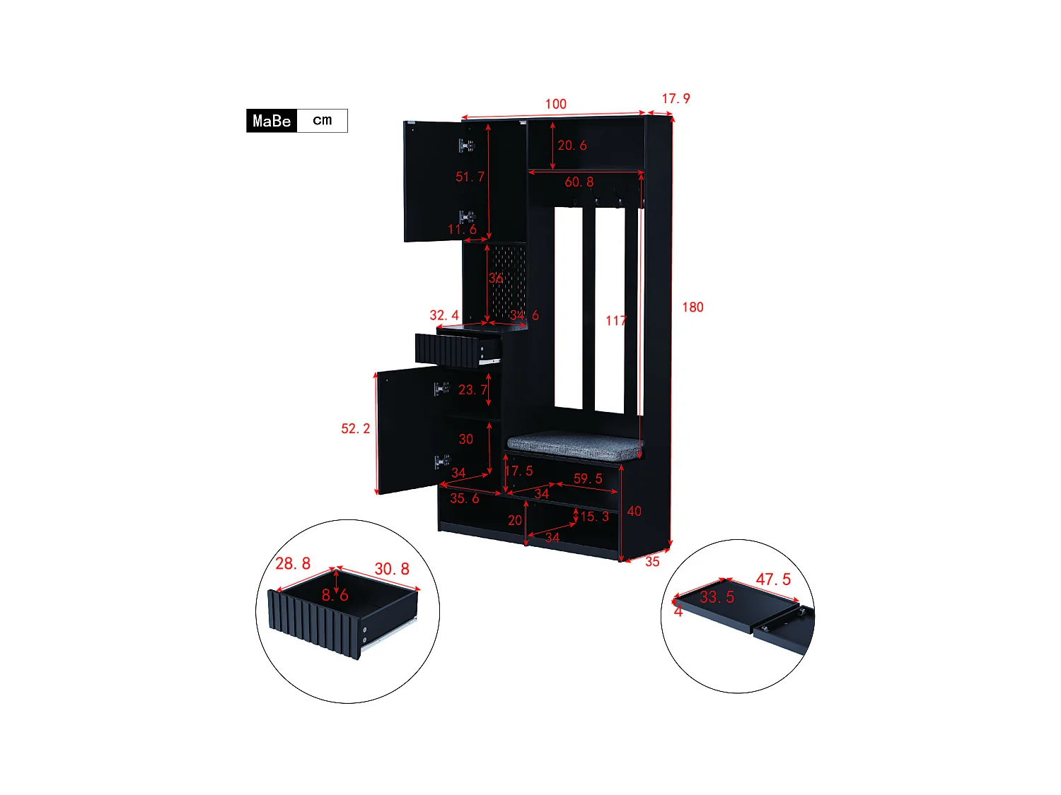 Ensemble d'armoire d'entrée- 100 x 35 x 180 cm - avec banc + 4 crochets + 2 portes + 1 tiroir - MDF - noir