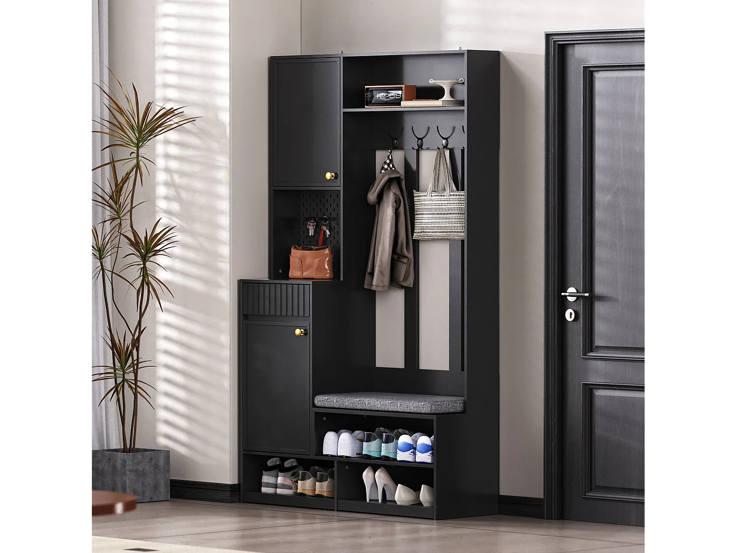 Conjunto de armários para corredor - 100 x 35 x 180 cm - com banco + 4 ganchos + 2 portas + 1 gaveta - MDF - preto