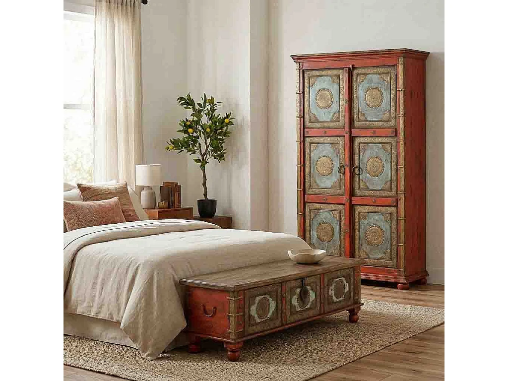 Armadio in legno intagliato rosso 102x44x183