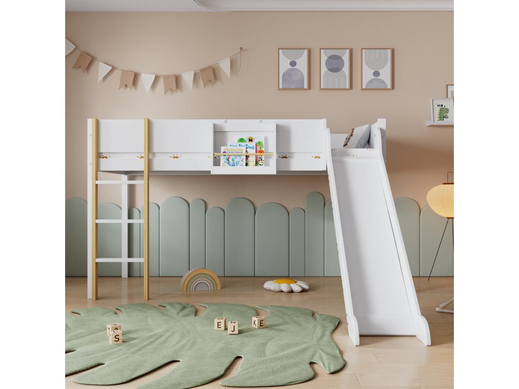 Cama mezzanino 90x200 cm em pinho e MDF – com prateleira removível, escada e escorrega – branco