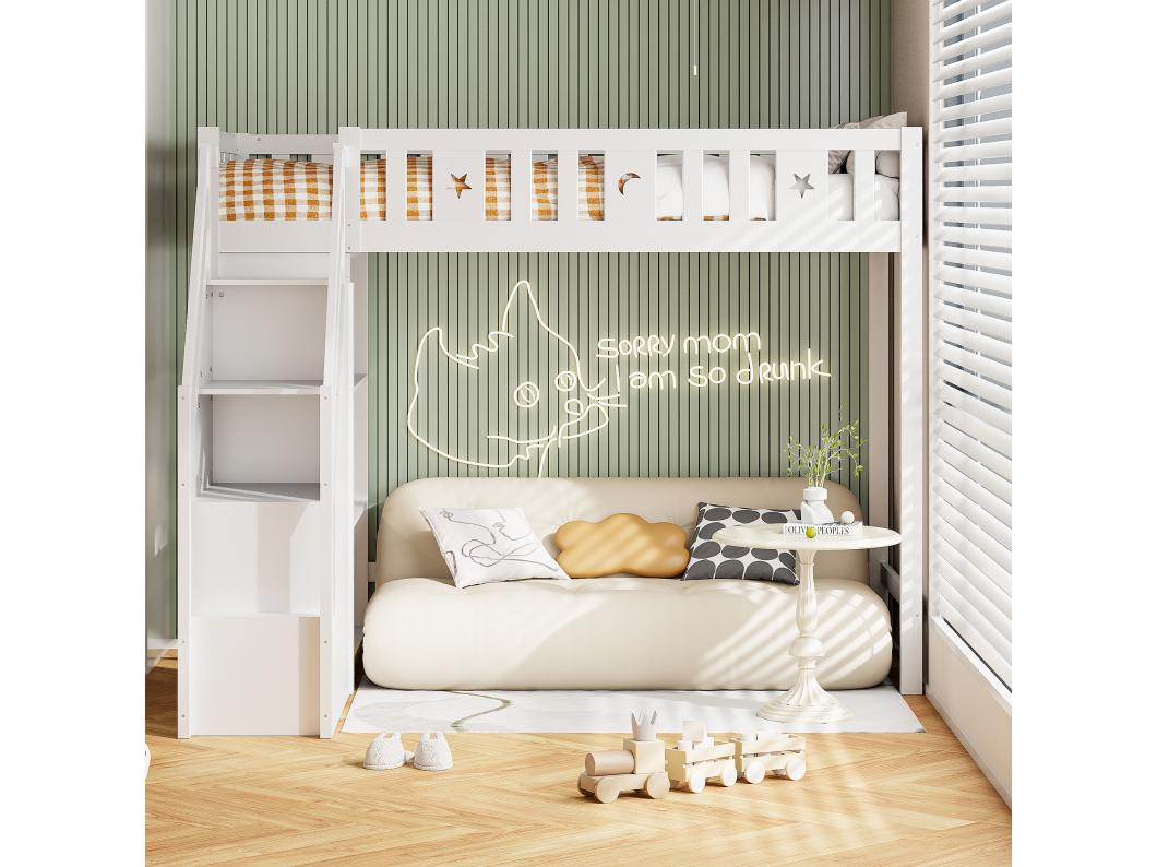 Halfhoogslaper 90x200 cm - met planken en opbergladder - van massief hout - wit