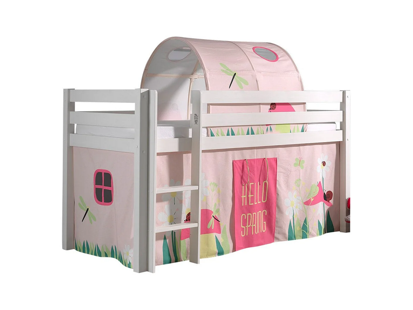 Mezzaninebed 90x200 cm met tent en veertunnel massief grenen wit Pino