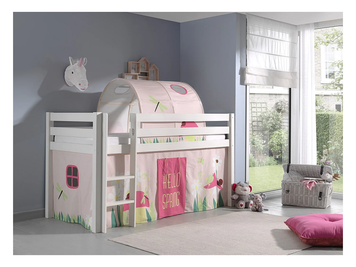 Mezzaninebed 90x200 cm met tent en veertunnel massief grenen wit Pino