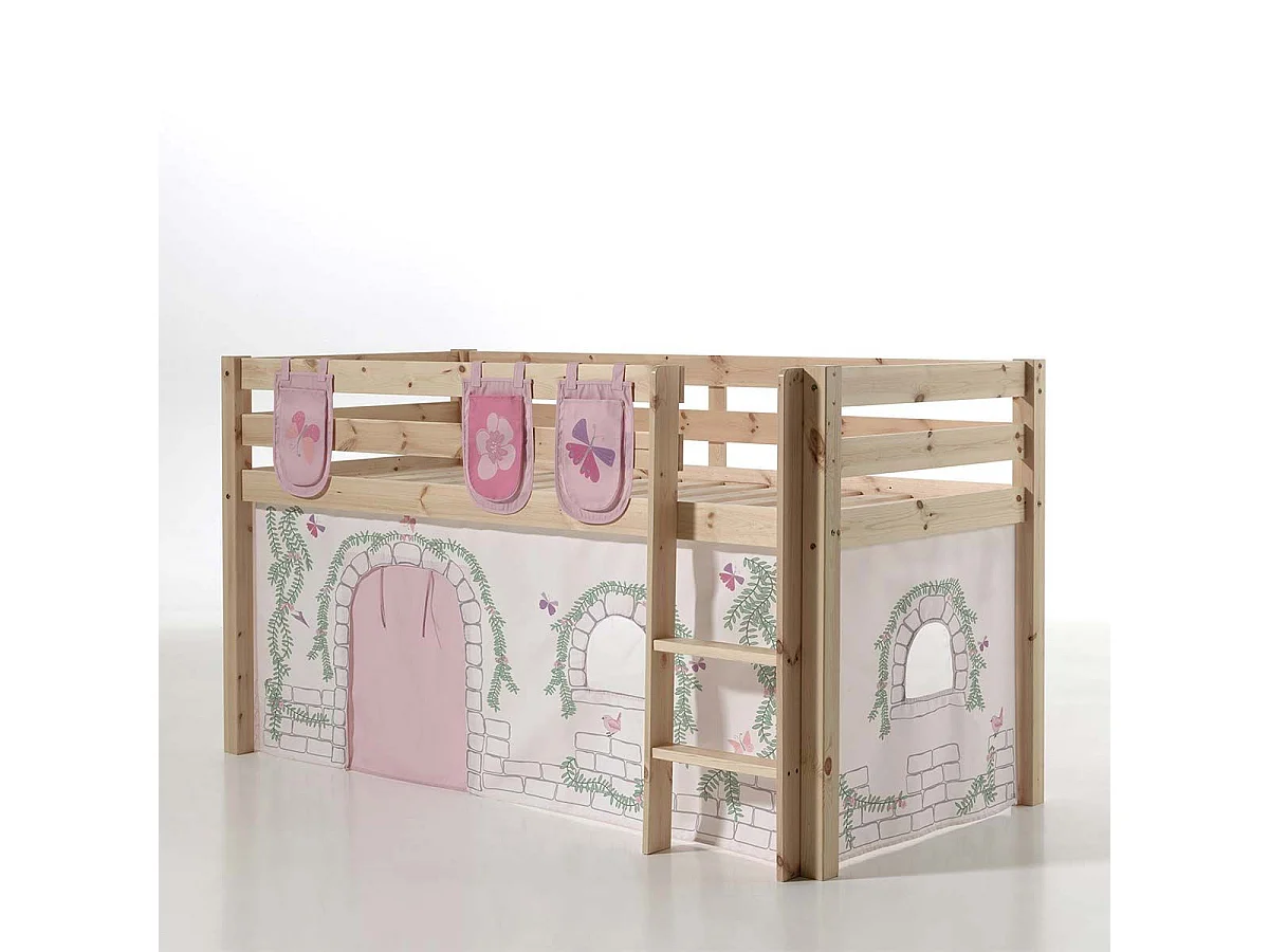 Cama altillo 90x200 cm con tienda y 3 bolsillos contra claro pino macizo Pino