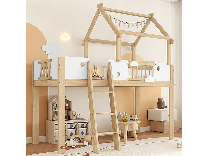 Hoogslaper voor kinderen 90x200 met valbeveiliging en veiligheidsbeugel met schuine ladder met drie treden, grenen + MDF + multiplex, wit + naturel