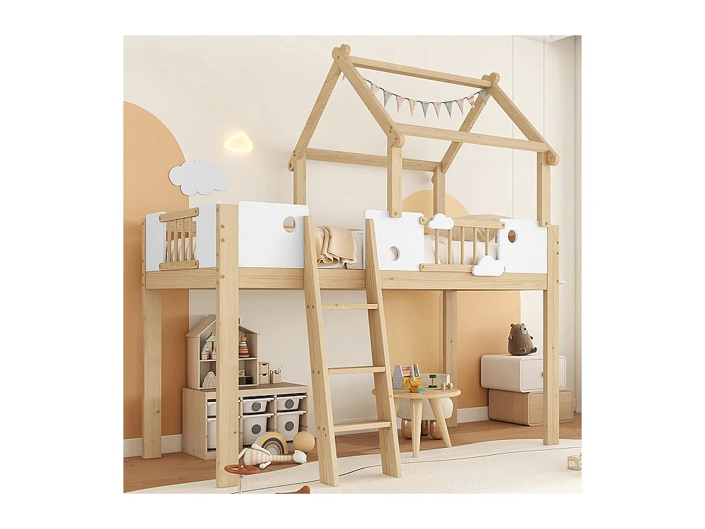Lit mezzanine enfant 90x200 avec protection anti-chute et barre de sécurité avec échelle inclinée à trois marches pin+MDF+contreplaqué blanc+naturel