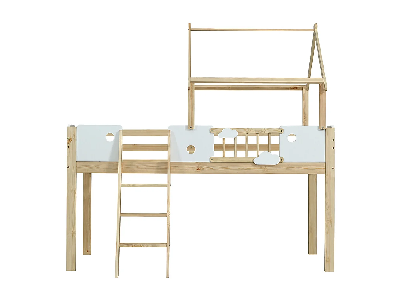 Lit mezzanine enfant 90x200 avec protection anti-chute et barre de sécurité avec échelle inclinée à trois marches pin+MDF+contreplaqué blanc+naturel