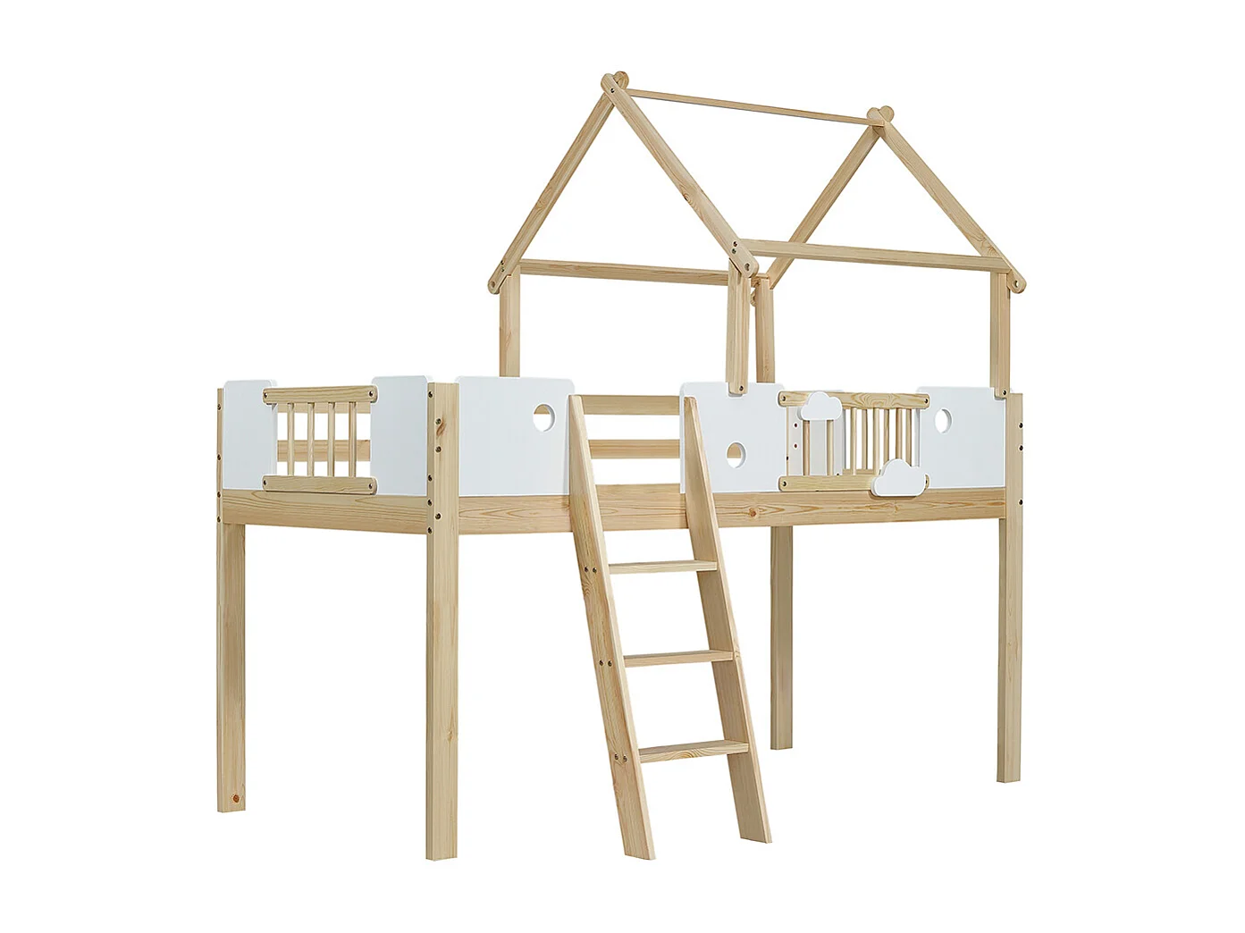 Lit mezzanine enfant 90x200 avec protection anti-chute et barre de sécurité avec échelle inclinée à trois marches pin+MDF+contreplaqué blanc+naturel