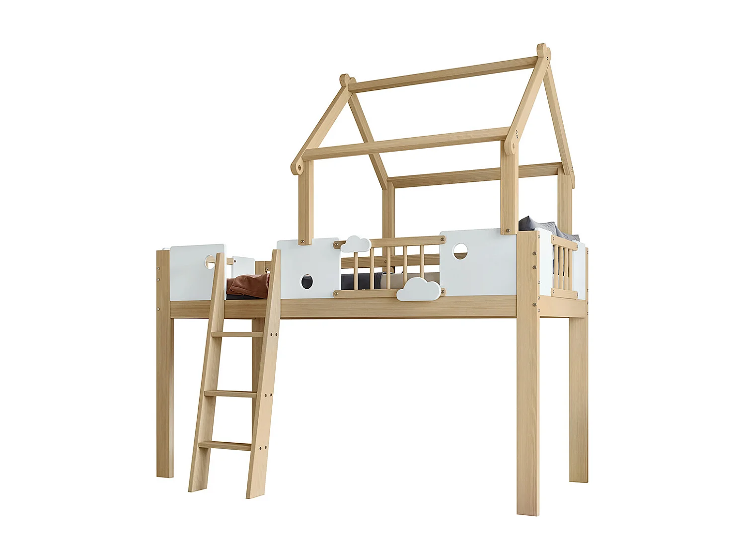 Lit mezzanine enfant 90x200 avec protection anti-chute et barre de sécurité avec échelle inclinée à trois marches pin+MDF+contreplaqué blanc+naturel