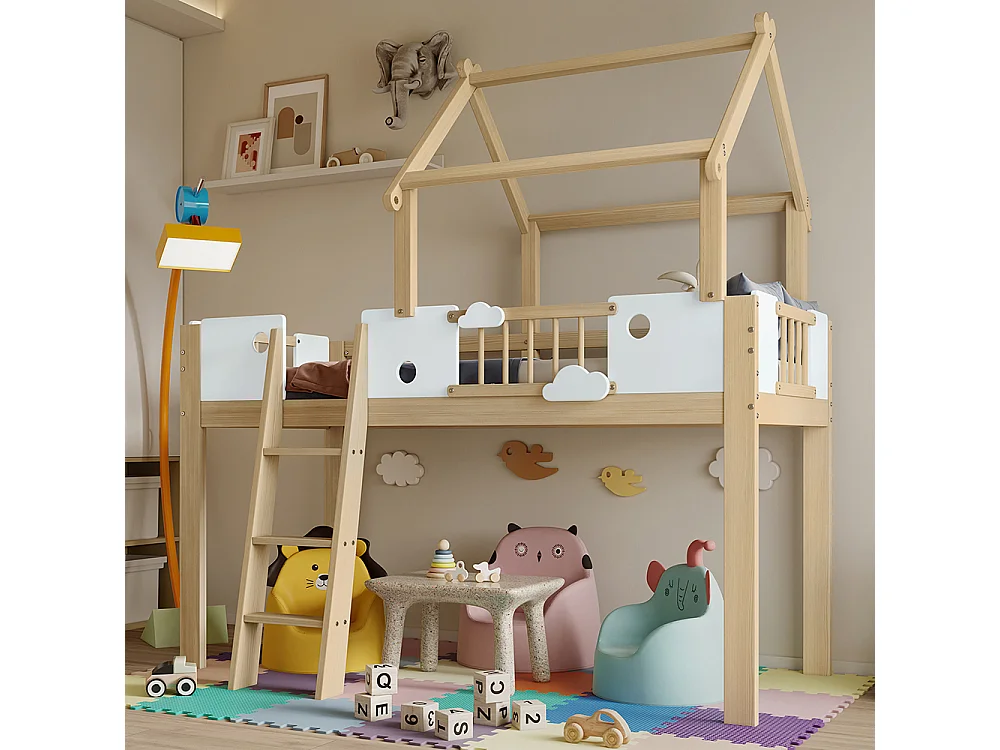 Lit mezzanine enfant 90x200 avec protection anti-chute et barre de sécurité avec échelle inclinée à trois marches pin+MDF+contreplaqué blanc+naturel