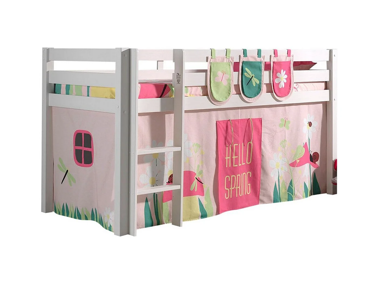 Mezzaninebed 90x200 cm met tent en 3 veerzakken massief wit grenen Pino