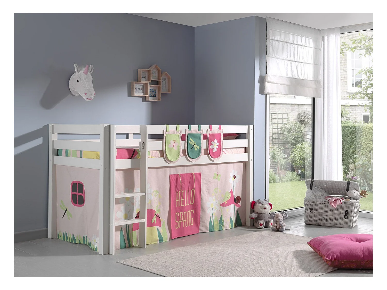 Mezzaninebed 90x200 cm met tent en 3 veerzakken massief wit grenen Pino