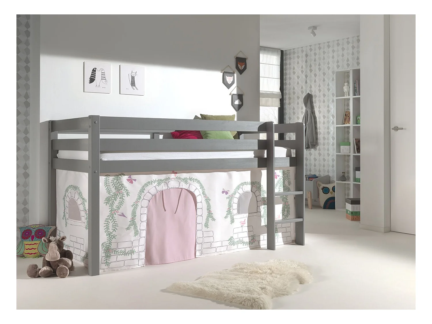 Cama altillo 90x200 cm con carpa de pino macizo gris Pino