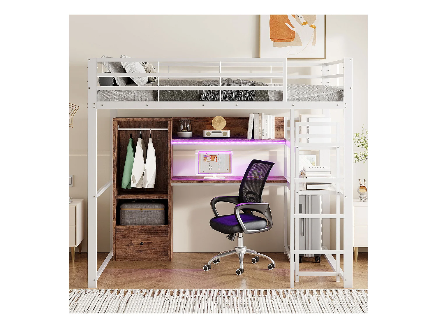 Lit mezzanine 140x200cm - avec éclairage LED - avec bureau - avec 1 tiroir - avec escalier - blanc