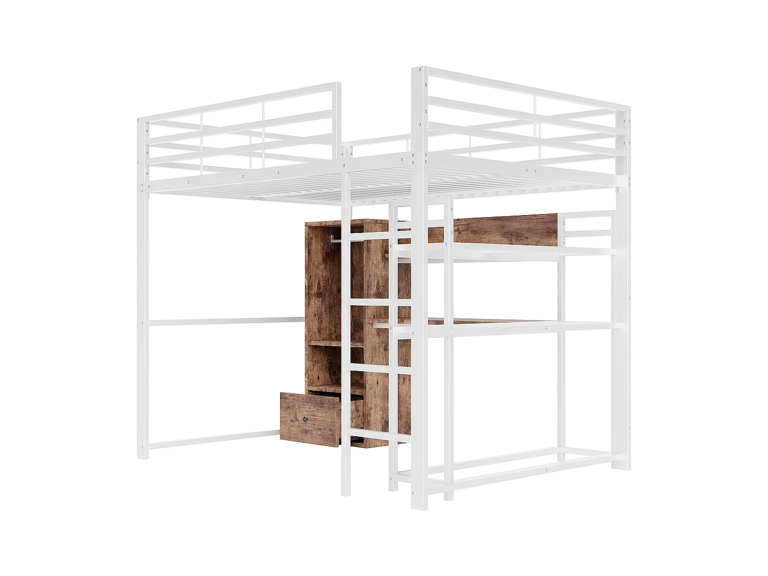 Lit mezzanine 140x200cm - avec éclairage LED - avec bureau - avec 1 tiroir - avec escalier - blanc