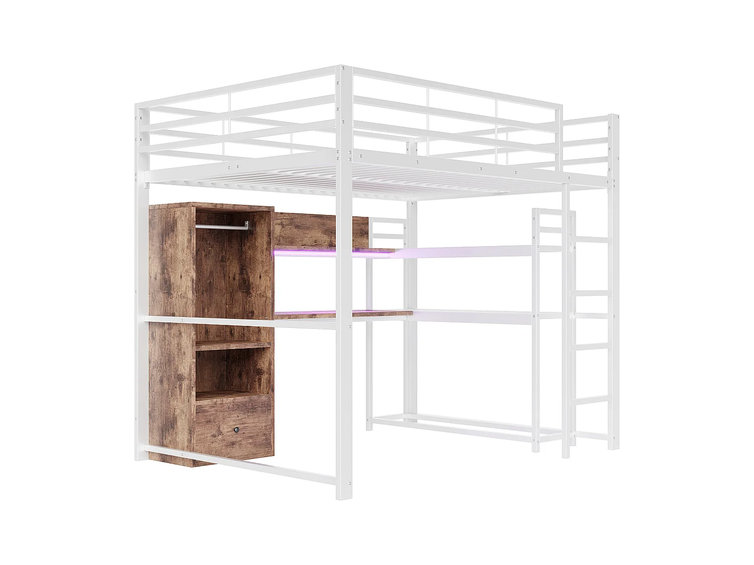 Lit mezzanine 140x200cm - avec éclairage LED - avec bureau - avec 1 tiroir - avec escalier - blanc