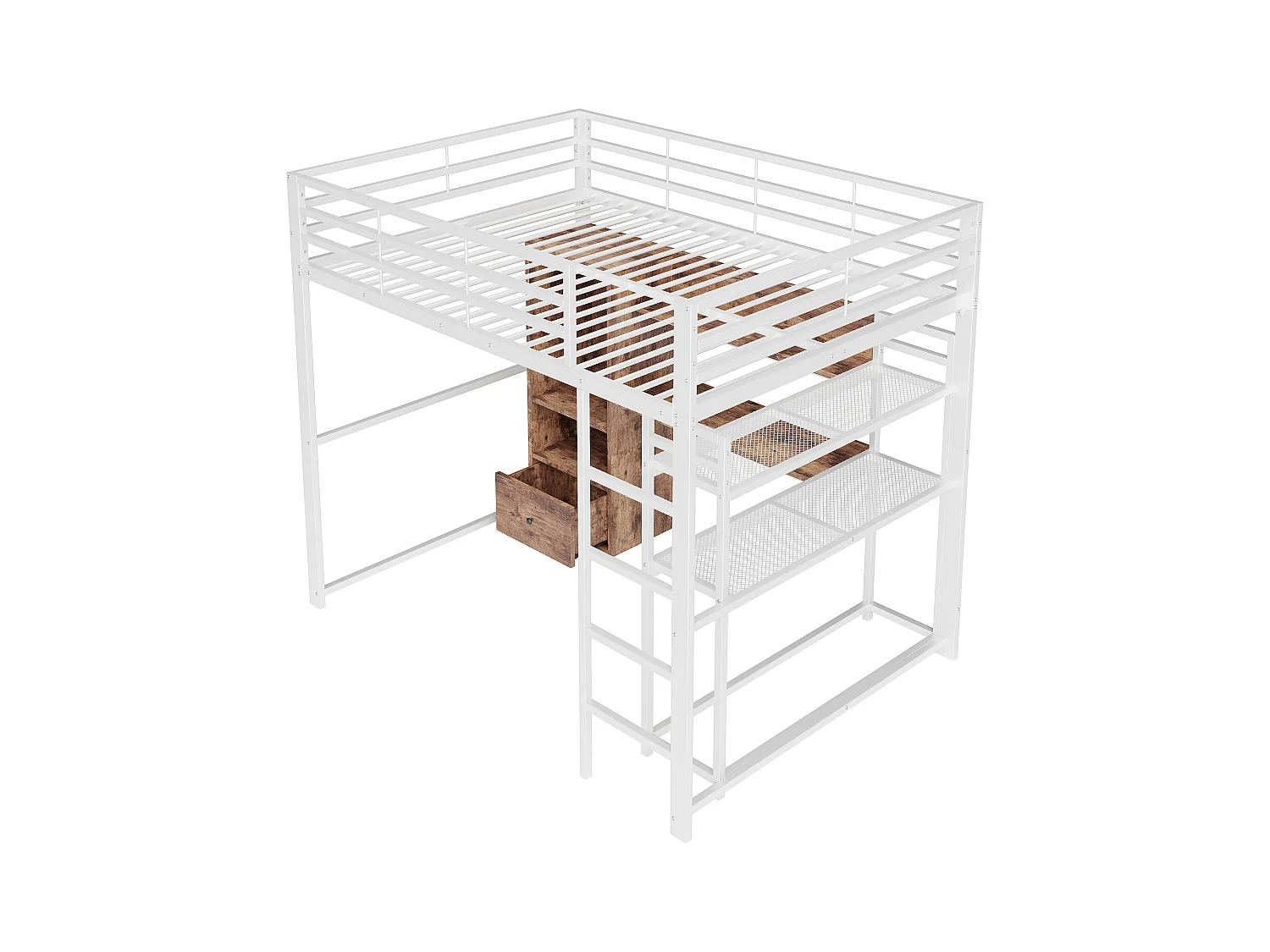 Lit mezzanine 140x200cm - avec éclairage LED - avec bureau - avec 1 tiroir - avec escalier - blanc