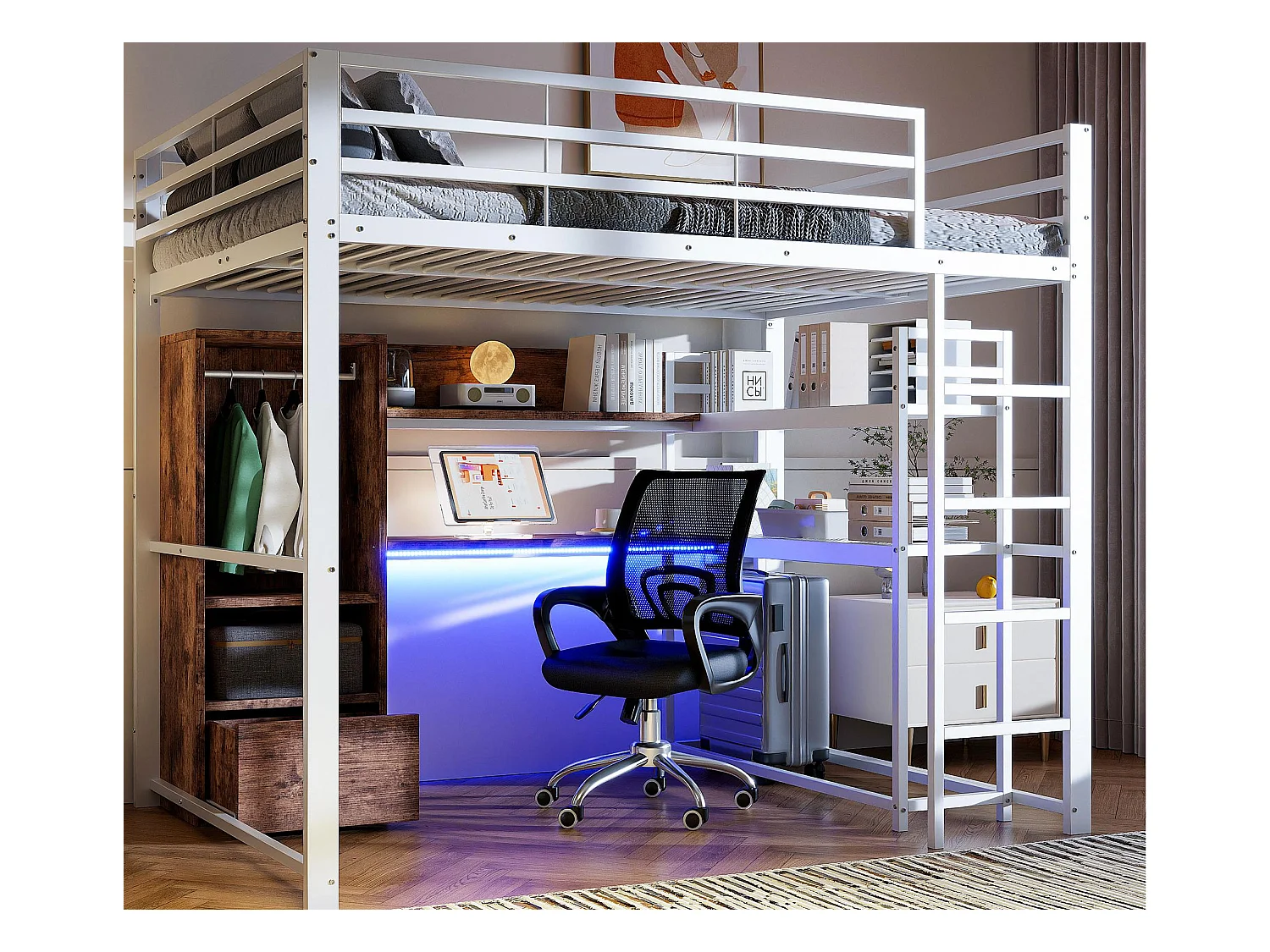 Lit mezzanine 140x200cm - avec éclairage LED - avec bureau - avec 1 tiroir - avec escalier - blanc