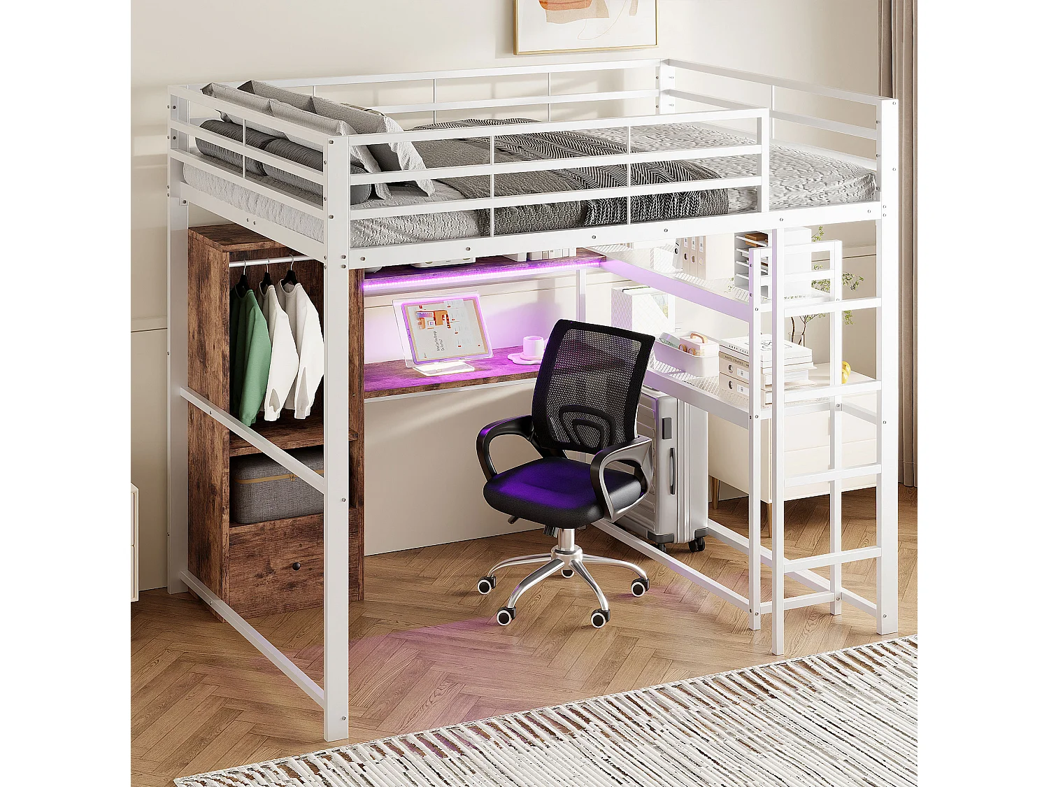 Hochbett 140x200 cm - mit LED-Beleuchtung - mit Schreibtisch - mit 1 Schublade - mit Leiter - weiß