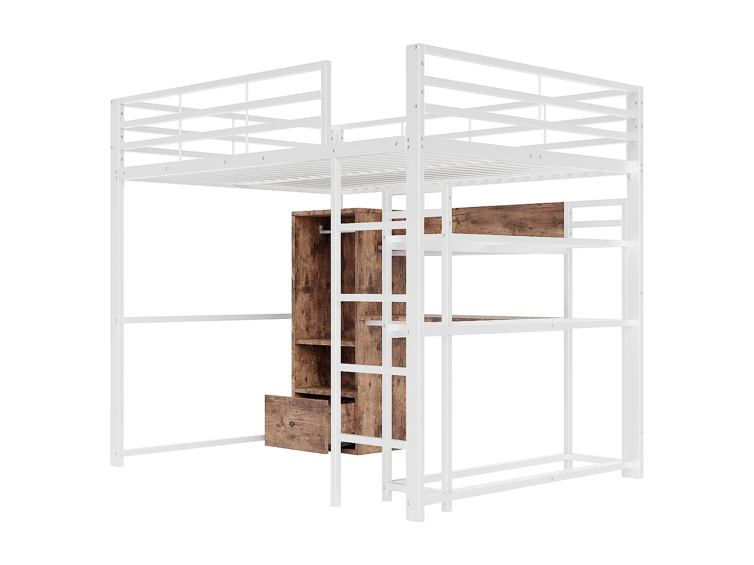 Hochbett 140x200 cm - mit LED-Beleuchtung - mit Schreibtisch - mit 1 Schublade - mit Leiter - weiß