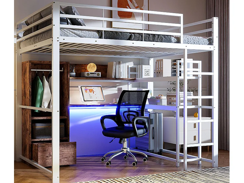 Lit mezzanine 140x200cm - avec éclairage LED - avec bureau - avec 1 tiroir - avec escalier - blanc