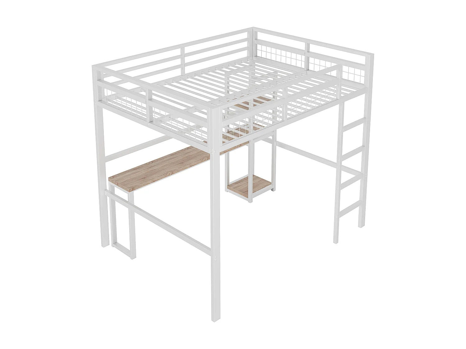 Lit mezzanine enfant 140x200cm en métal blanc avec USB type-C et prises, bureau, étagères et escalier son inclus, sans matelas