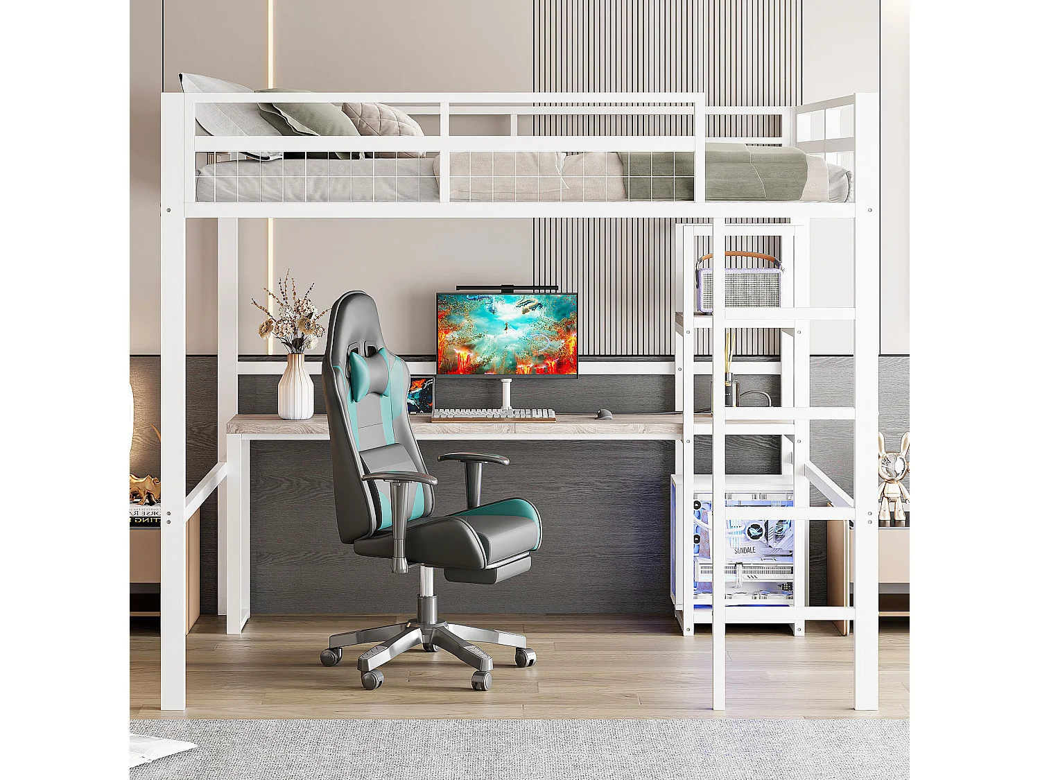 Lit mezzanine enfant 140x200cm en métal blanc avec USB type-C et prises, bureau, étagères et escalier son inclus, sans matelas