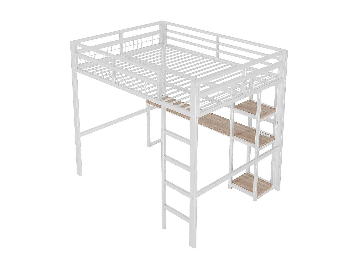 Lit mezzanine enfant 140x200cm en métal blanc avec USB type-C et prises, bureau, étagères et escalier son inclus, sans matelas