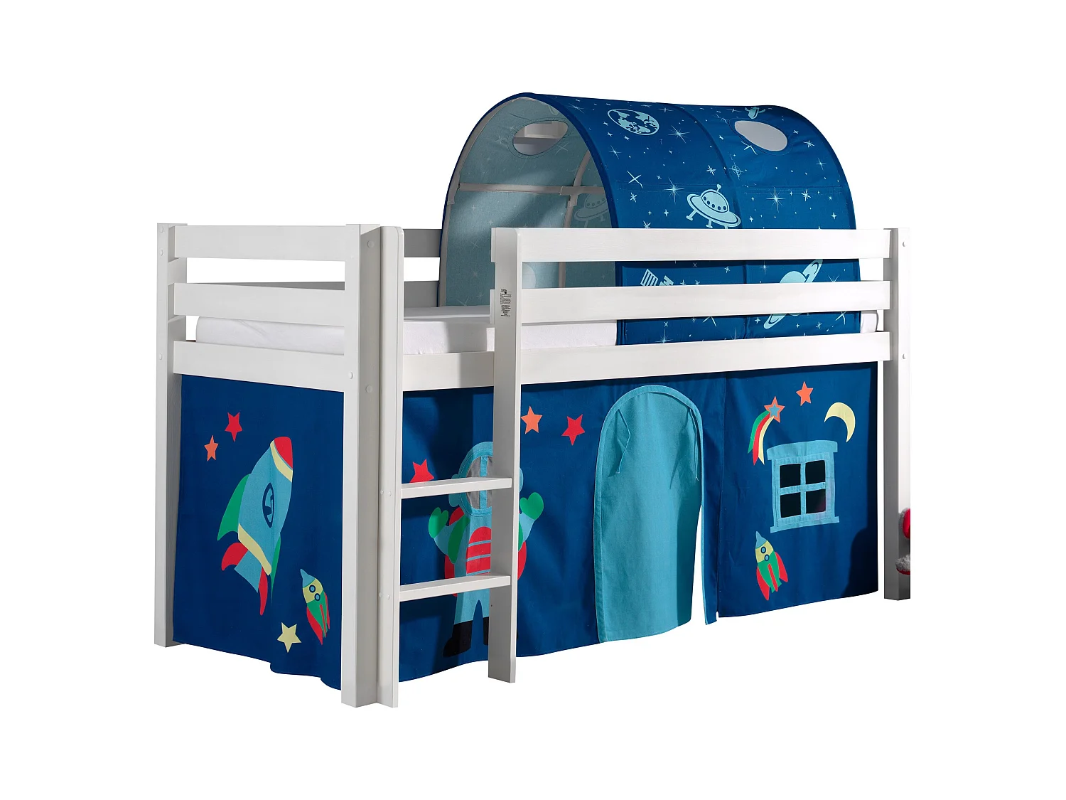 Mezzaninebed 90x200 cm met tent en tunnel astra massief grenen wit Pino