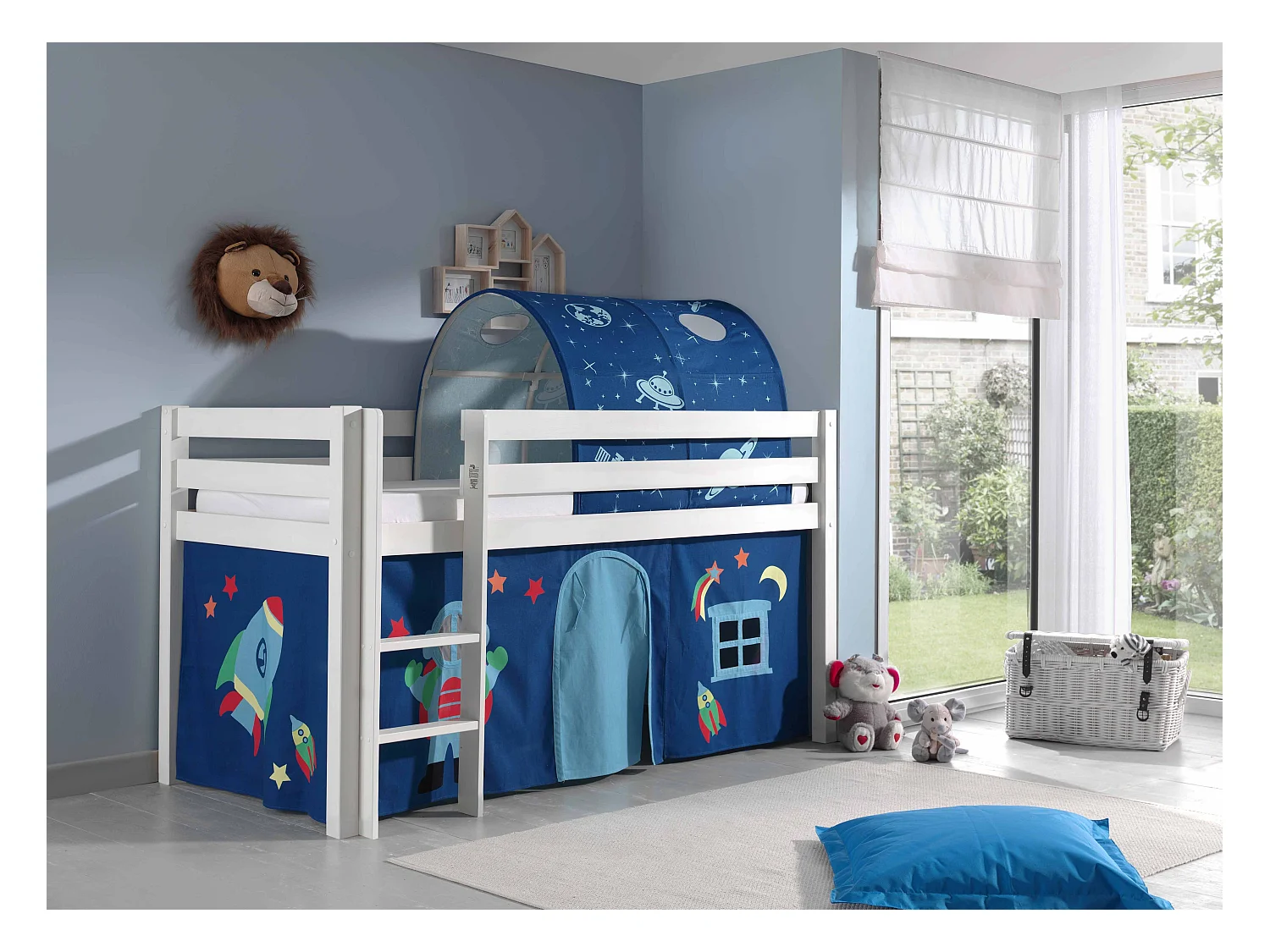 Mezzaninebed 90x200 cm met tent en tunnel astra massief grenen wit Pino