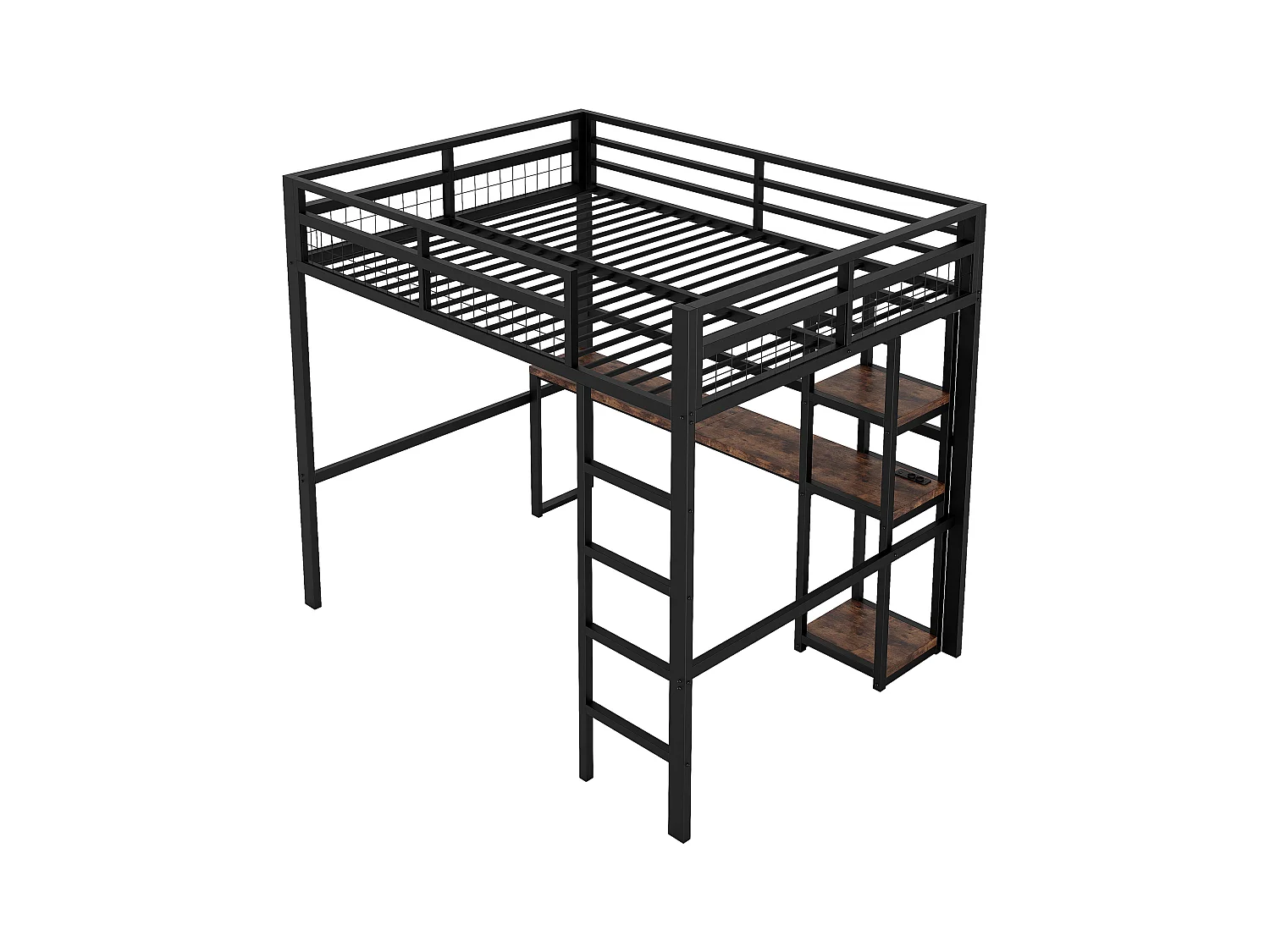 Lit mezzanine enfant 140x200cm en métal noir avec USB type-C et prises, bureau, étagères et escalier son inclus, sans matelas