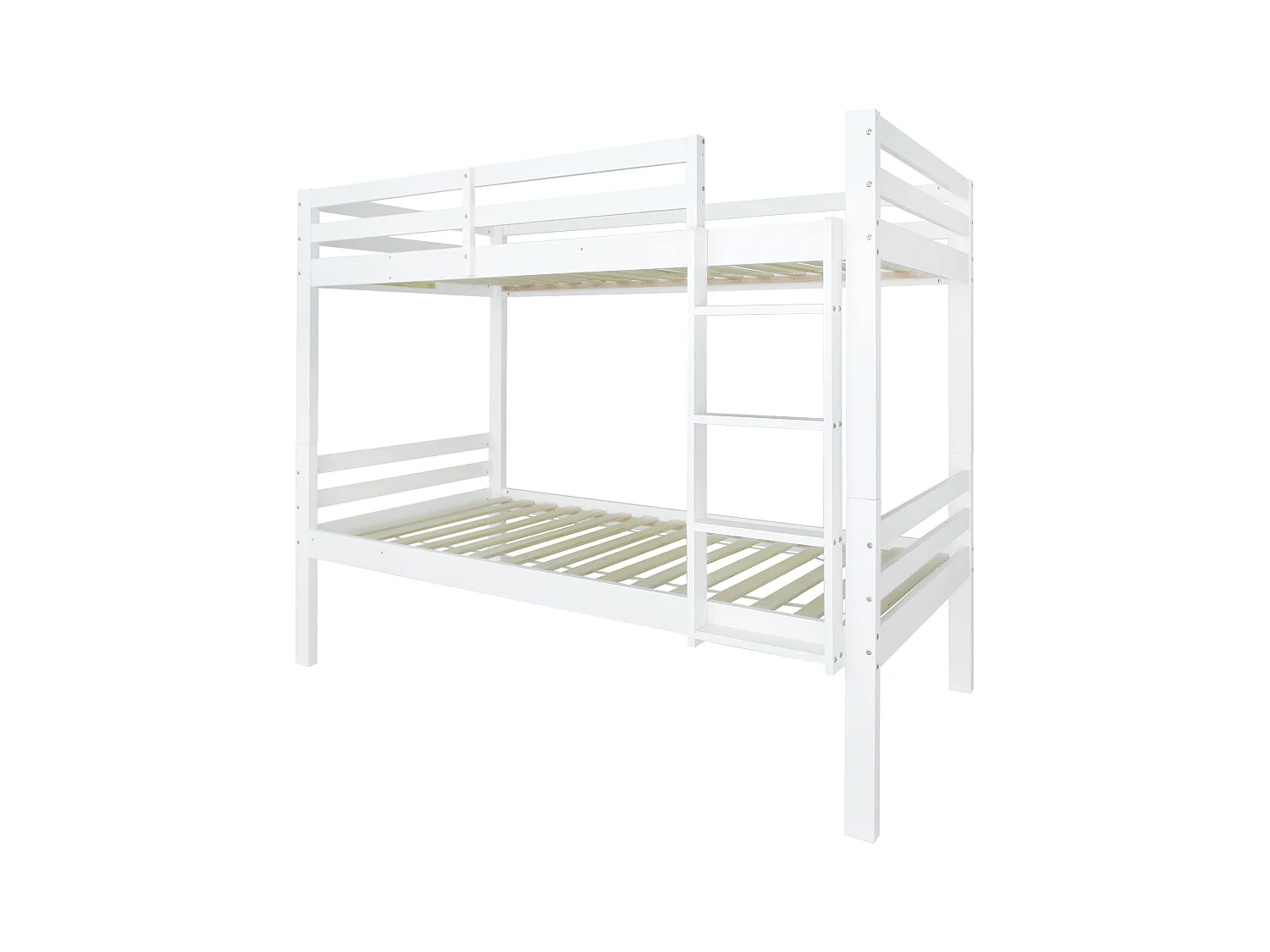 Lit enfant superposé 90x200cm avec escalier et barrières de sécurité, cadre en bois, blanc, sans matelas