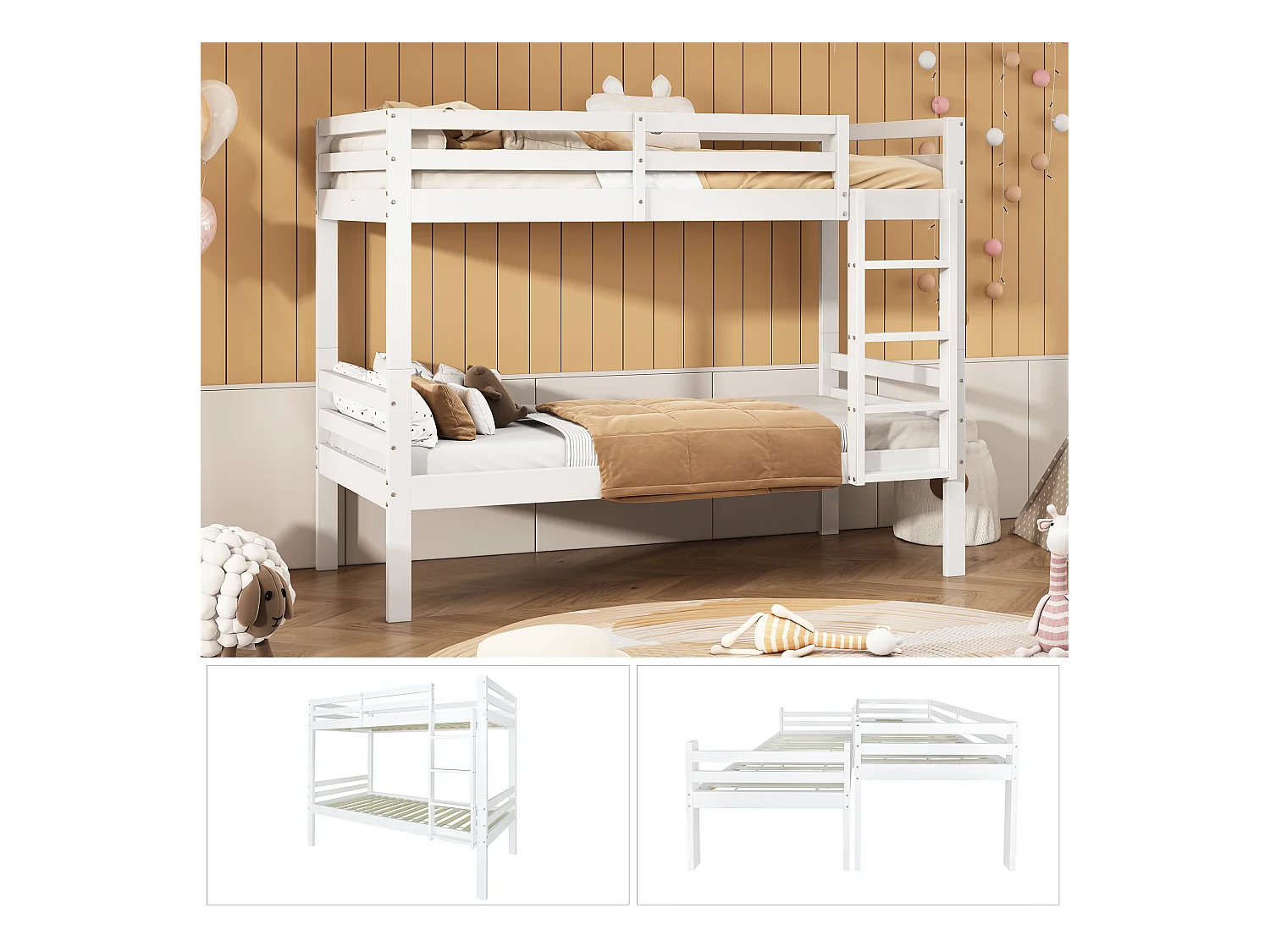Lit enfant superposé 90x200cm avec escalier et barrières de sécurité, cadre en bois, blanc, sans matelas
