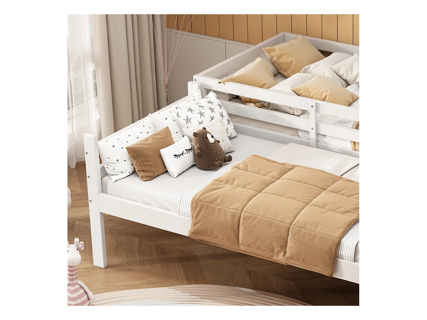 Lit enfant superposé 90x200cm avec escalier et barrières de sécurité, cadre en bois, blanc, sans matelas