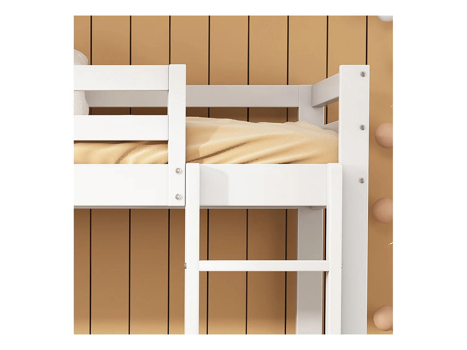Lit enfant superposé 90x200cm avec escalier et barrières de sécurité, cadre en bois, blanc, sans matelas