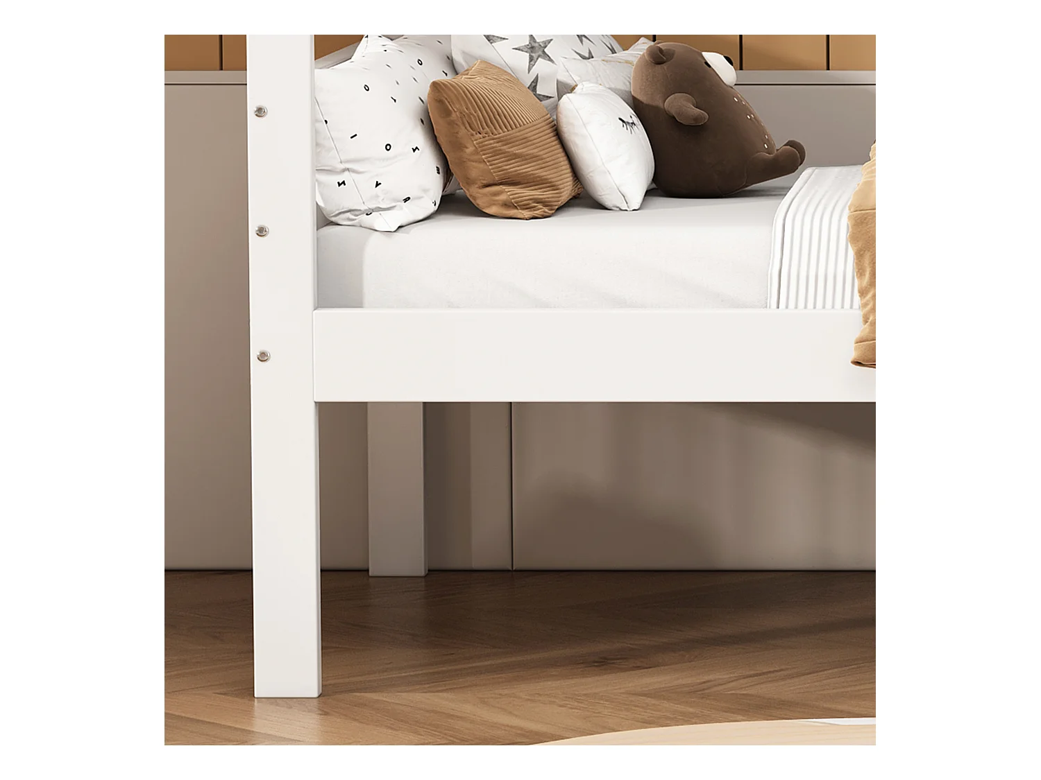 Lit enfant superposé 90x200cm avec escalier et barrières de sécurité, cadre en bois, blanc, sans matelas