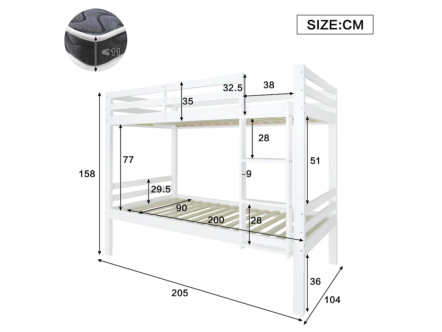 Barnvåningssäng 90x200cm med trappor och säkerhetsräcken, träram, vit, madrass ingår ej