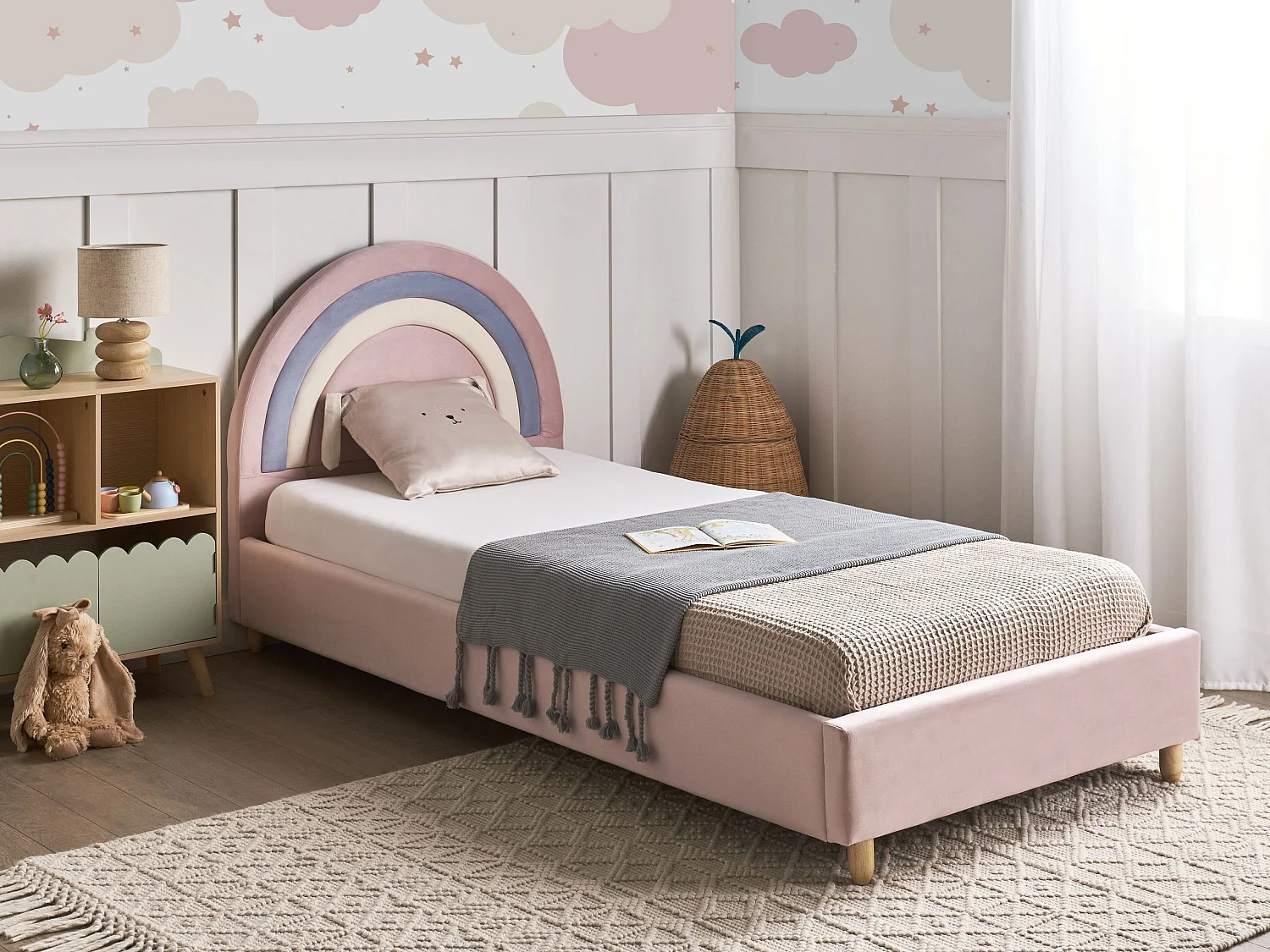 Kinderbed Regenboog Fluweel LANDEILLAU 90 x 200 cm Roze