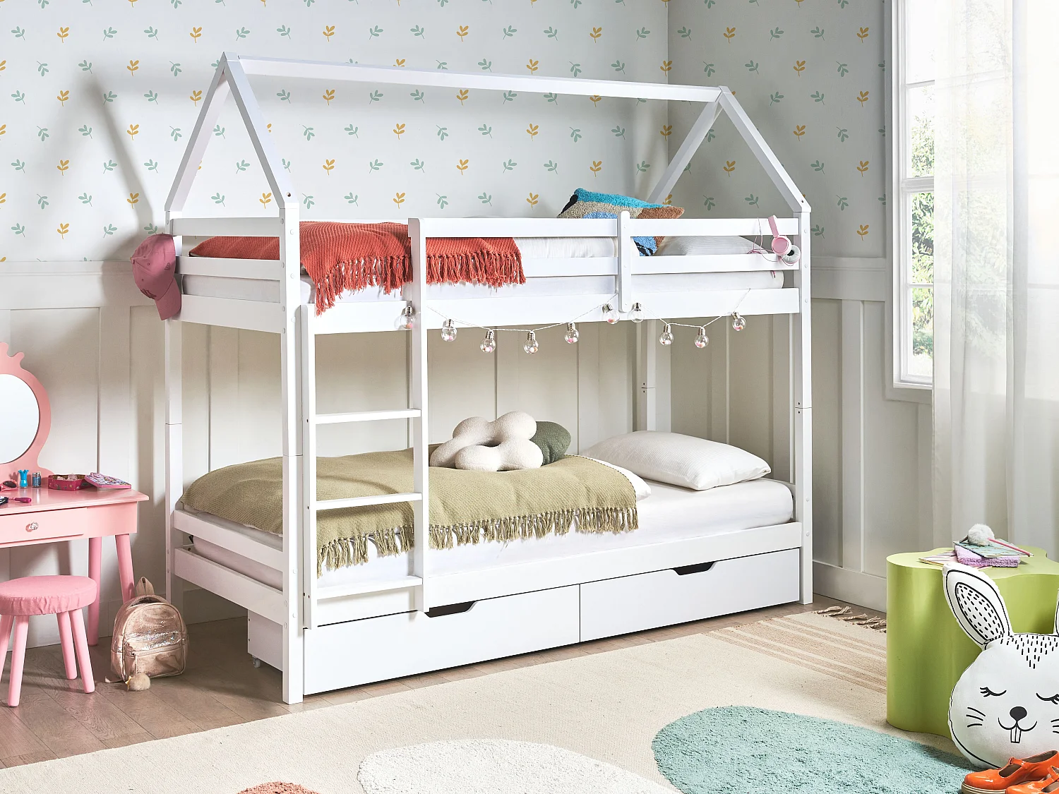 Lit superposé Maison Bois de pin TERNAS 90 x 200 cm avec rangement Blanc