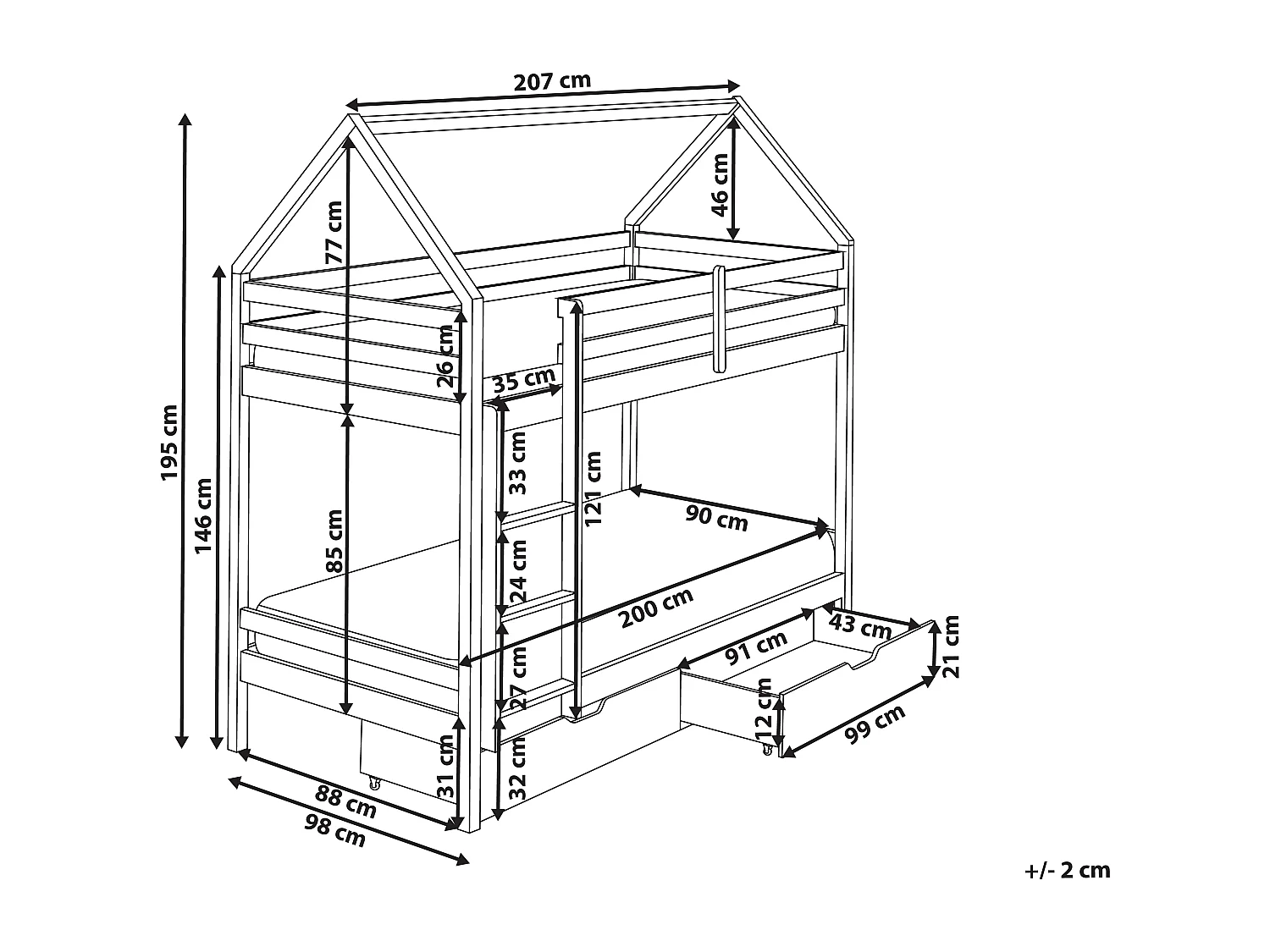 Lit superposé Maison Bois de pin TERNAS 90 x 200 cm avec rangement Blanc