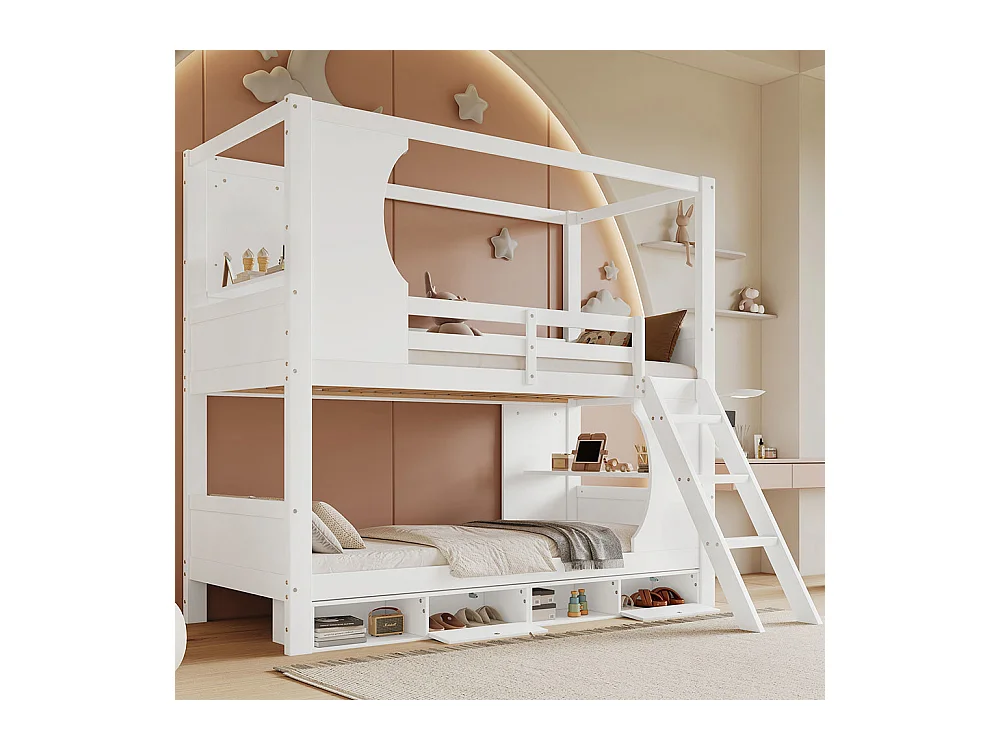 Stapelbed 90x200 met veiligheidshek met tafel, schoenenrek, schuine ladder met drie treden, grenen + MDF + wit multiplex