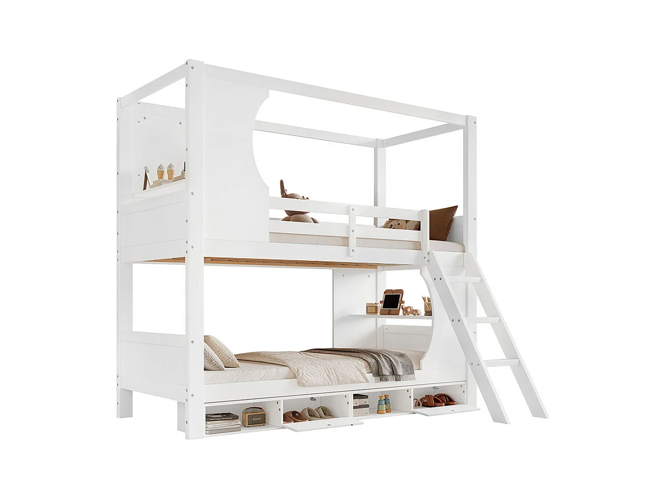 Stapelbed 90x200 met veiligheidshek met tafel, schoenenrek, schuine ladder met drie treden, grenen + MDF + wit multiplex