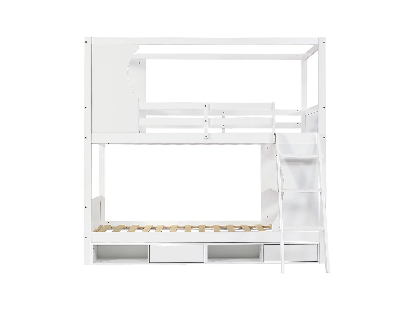 Stapelbed 90x200 met veiligheidshek met tafel, schoenenrek, schuine ladder met drie treden, grenen + MDF + wit multiplex