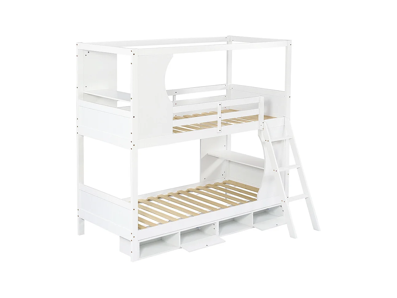 Stapelbed 90x200 met veiligheidshek met tafel, schoenenrek, schuine ladder met drie treden, grenen + MDF + wit multiplex