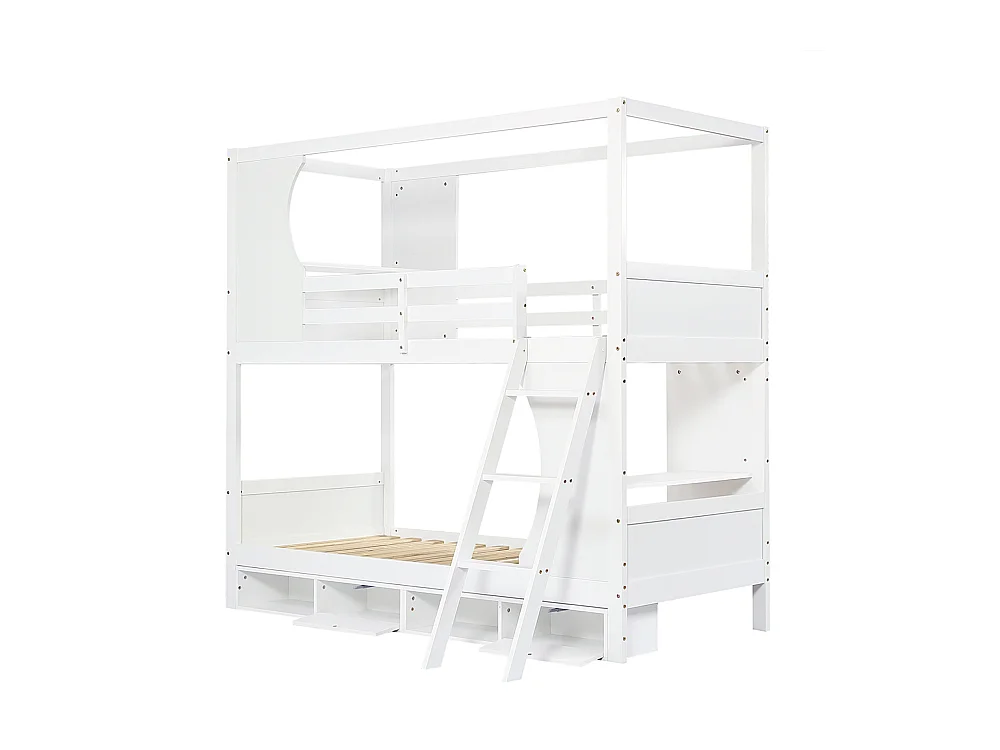 Stapelbed 90x200 met veiligheidshek met tafel, schoenenrek, schuine ladder met drie treden, grenen + MDF + wit multiplex